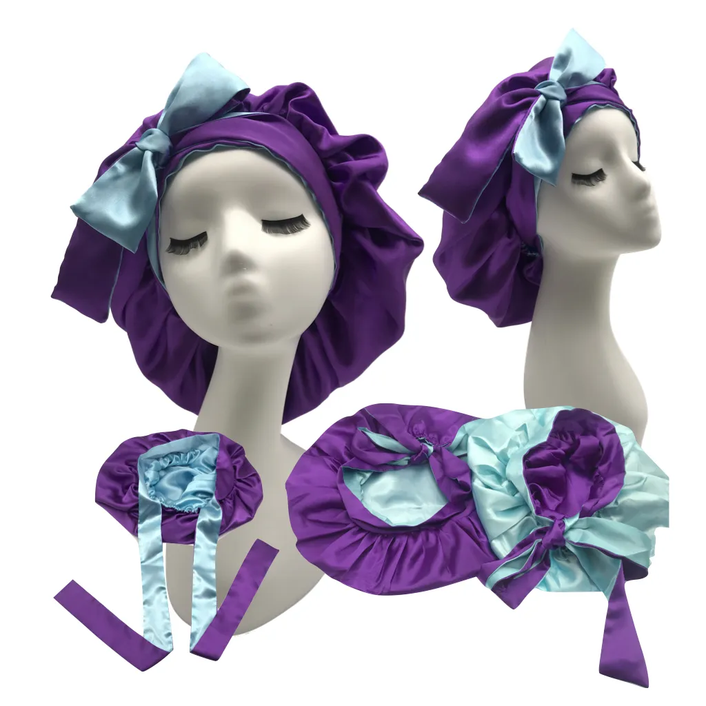 custom logo satin hair bonnet with long ties band silk bonnets with satin hair wraps