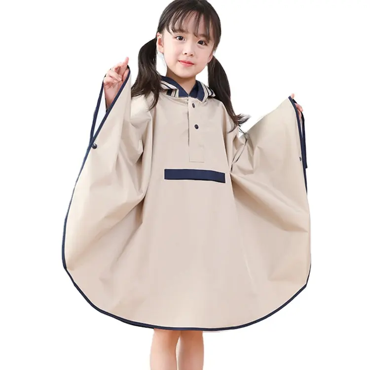 Waterproof Wind Resist Girl Solid Color Cute Rain Poncho Kids Rain Coat With Hood And Brim