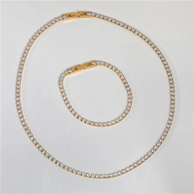 Водонепроницаемый и не тускнеет, покрытые 18 каратным золотом, роскошные циркония со стразами из нержавеющей стали ожерелье для тенниса, модное ювелирное изделие