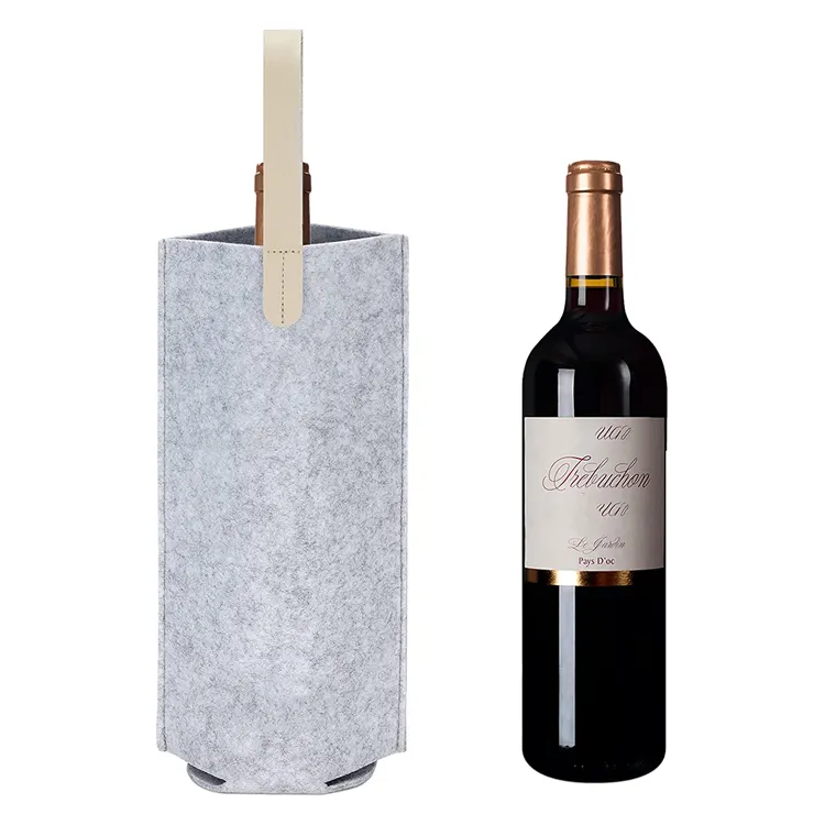 Custom Anti-collision 1 Bottle Felt Wine Tote Carrier with Leather Handle