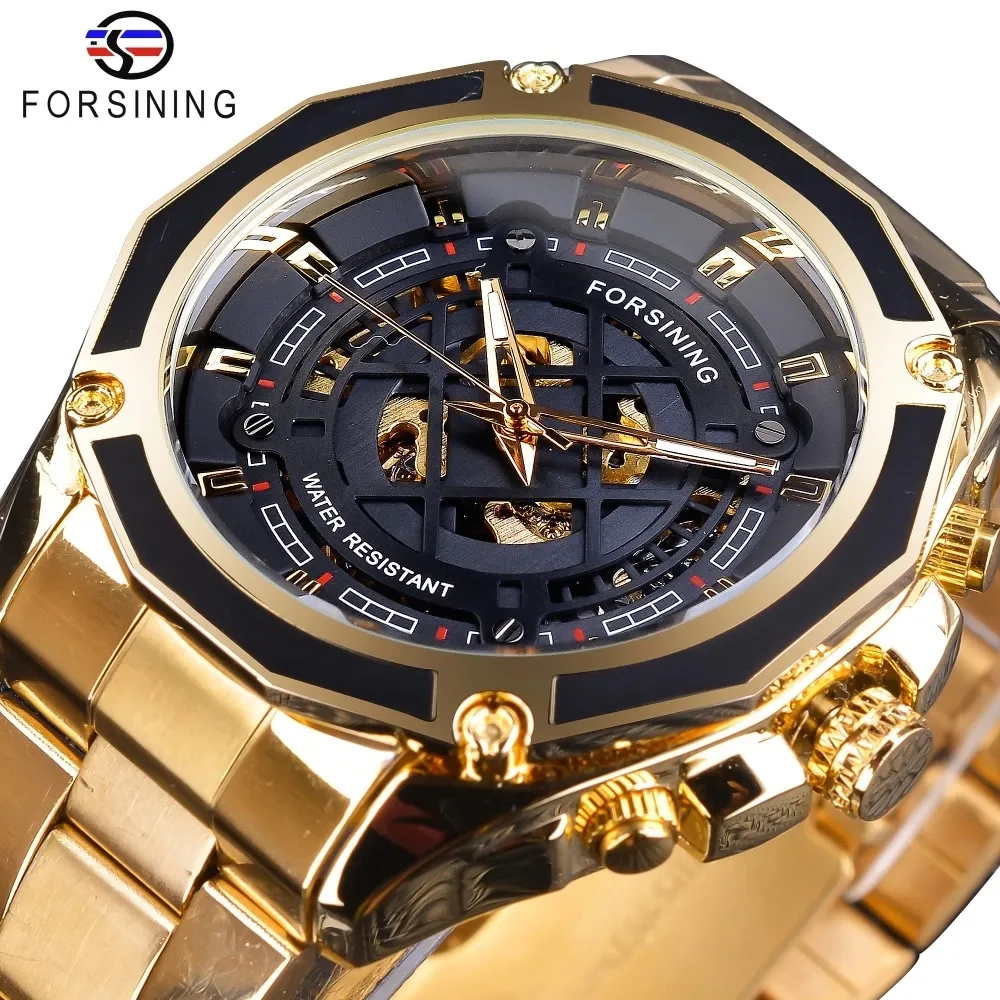 Forsining 2019 3D Transparent Design Gold Stainless Steel Mens Automatic Skeleton Watch Top Brand Luxury Male Clock Montre Homme