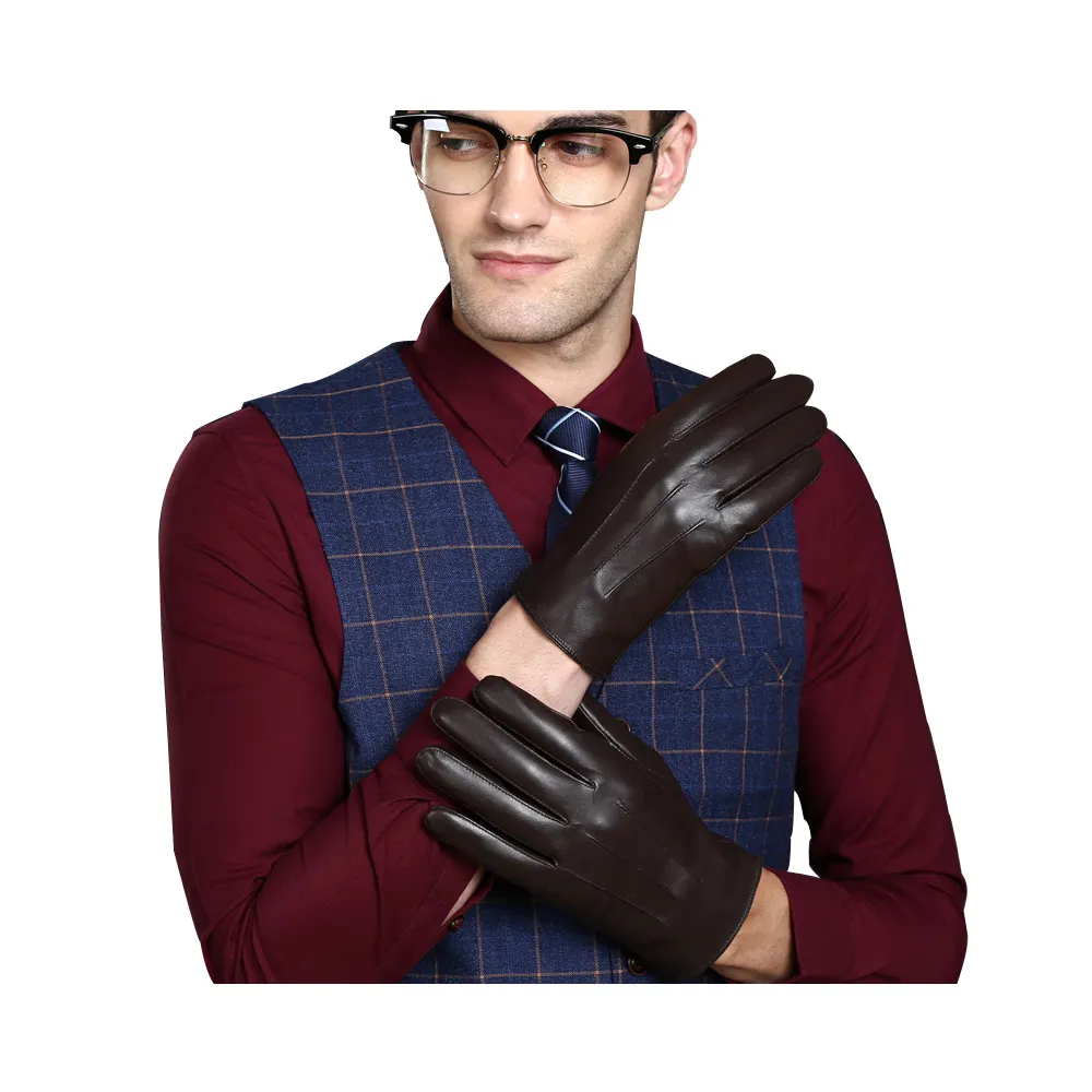 Men's Leather Gloves Custom Car Driving Mens Black Genuine Ethiopia Sheepskin Driving Wool Lining Touchscreen Leather Gloves