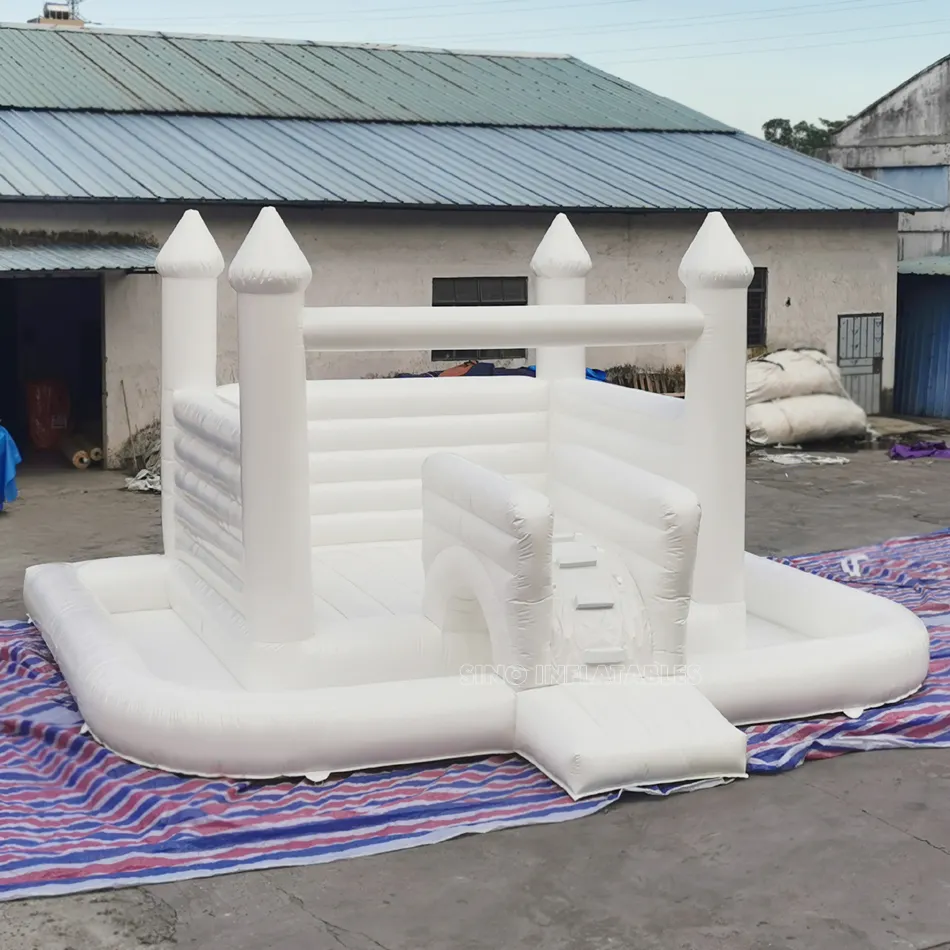 8x5.5m kids fun wedding all white jumping castle with ball pit certified by EN14960 for outdoor wedding party fun