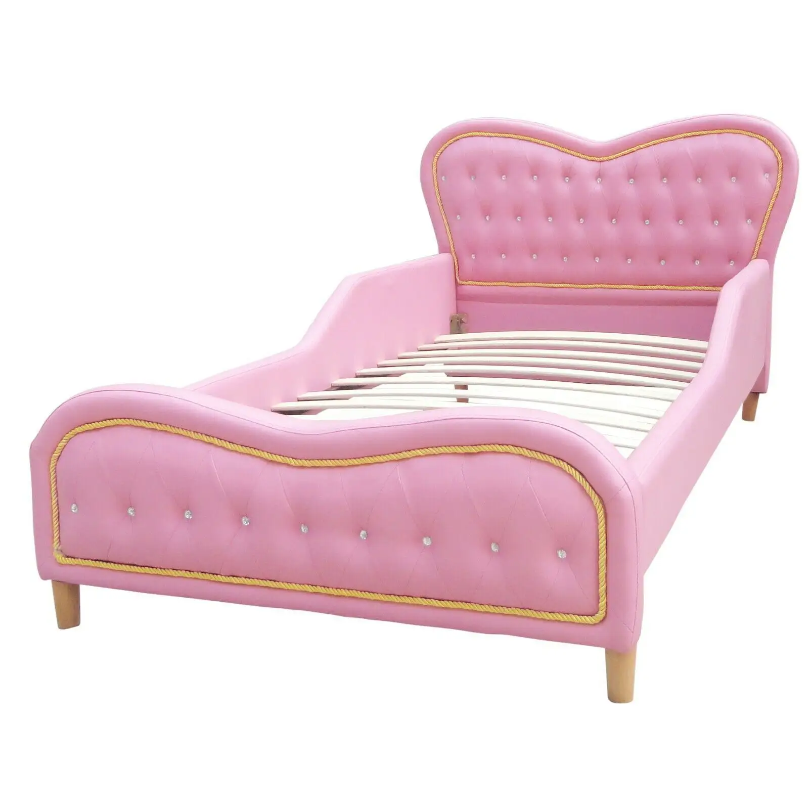 Pink Kids Girls Standard Single PU genuine Leather Diamond Upholstered Bed princess bed