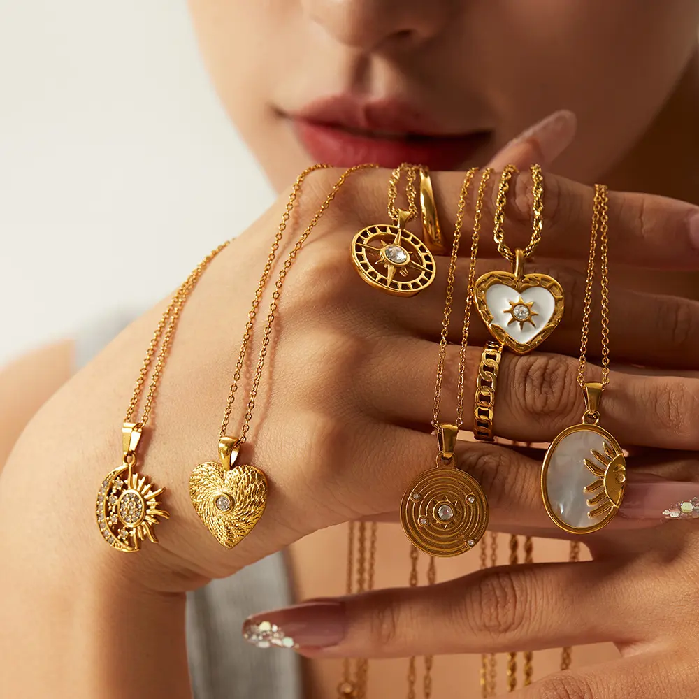 Оптовая Продажа Модный 18K Золотое кольцо из нержавеющей стали, циркониевое компас оболочки Луна солнечные лучи солнца вышивка «звёздочки» или «бриллианты» кулон колье-чокер, ожерелье для женщин