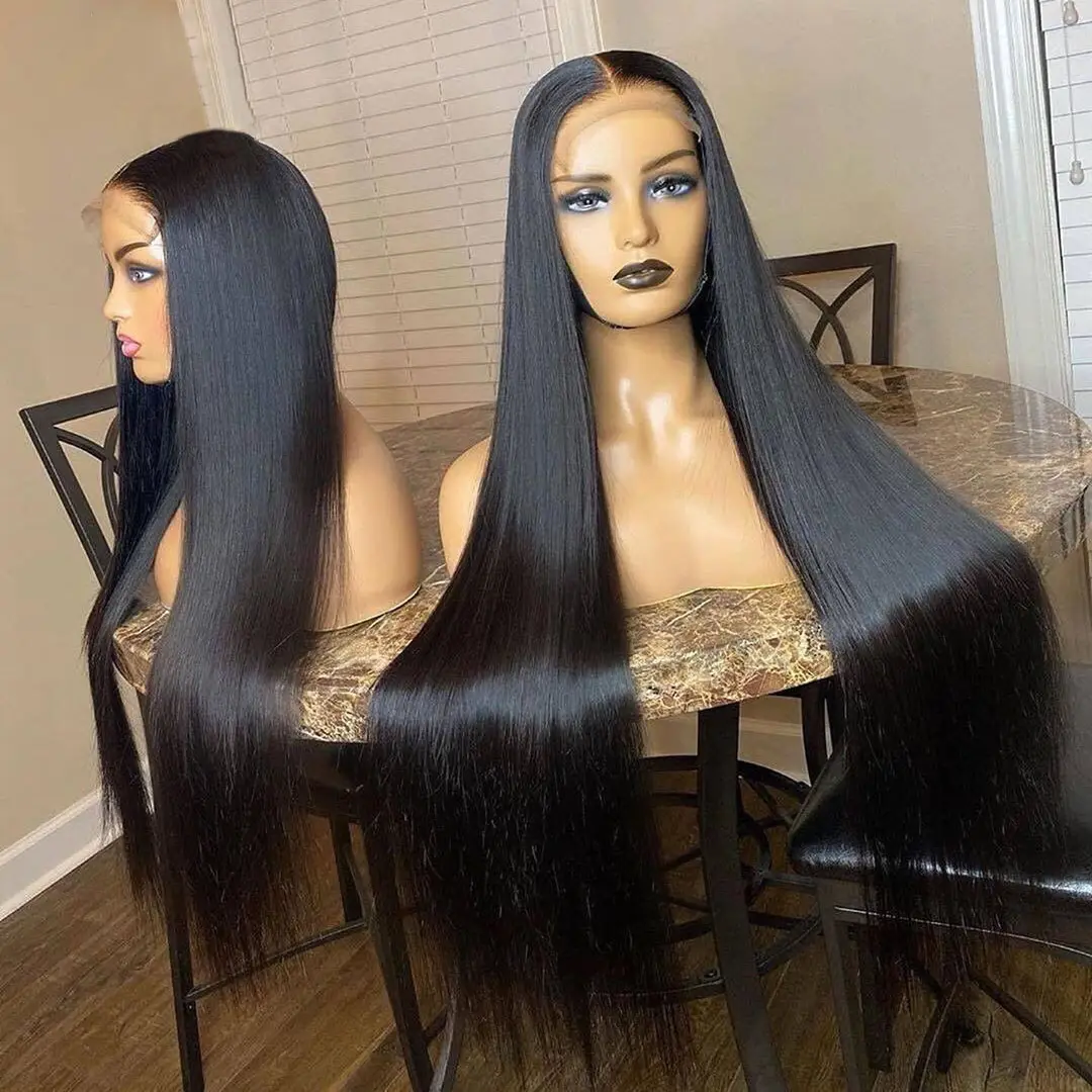 Long 40 Inches Black Color Silky Straight Pre Plucked Virgin Full Cuticle Aligned Human Hair Lace Front Wigs