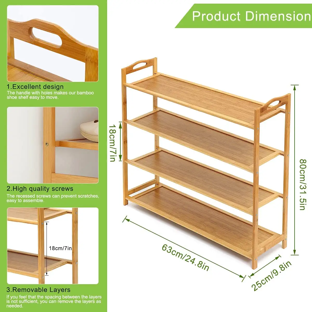 4 Tier Easy Assembly Multi Purpose Bamboo Shoe Rack