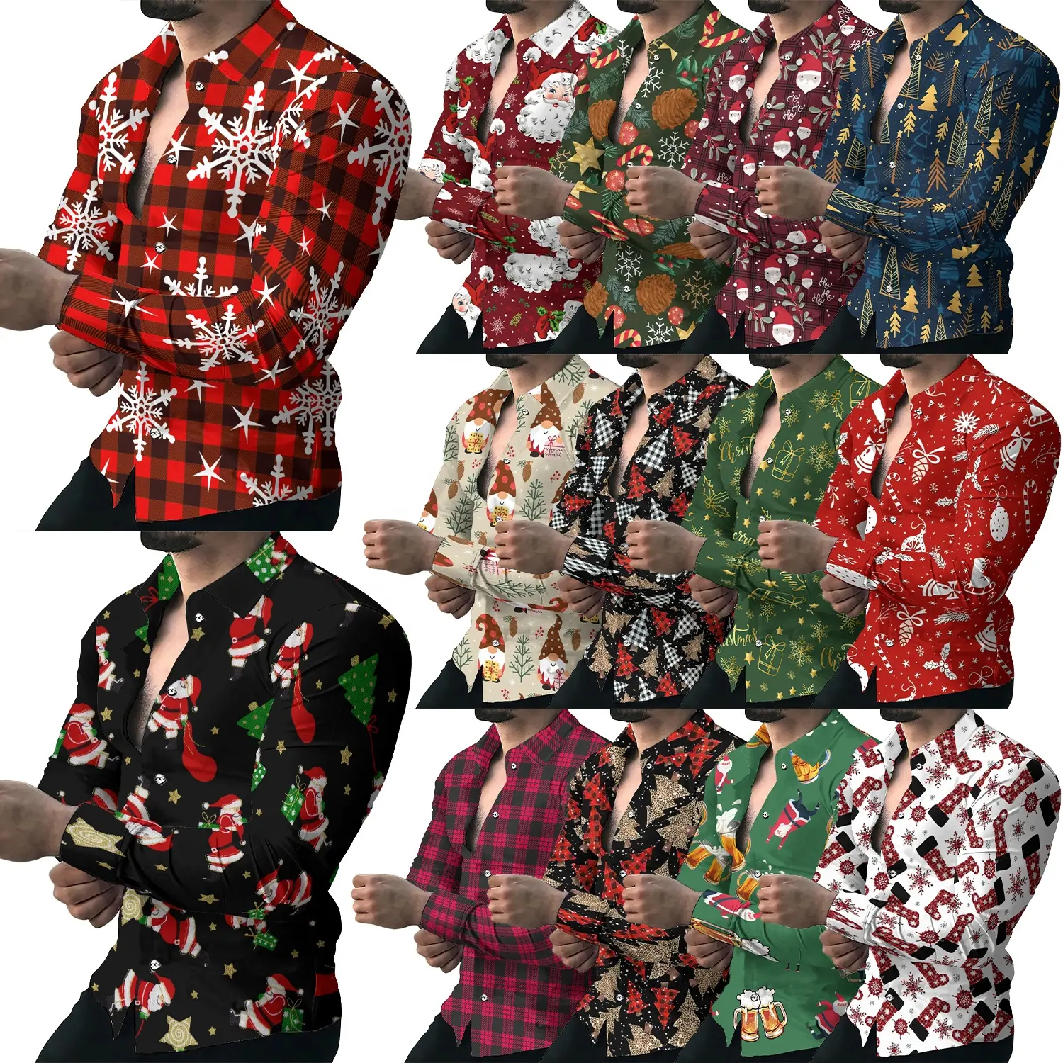 Мужская клетчатая Рождественская блузка с длинным рукавом, рубашки с рождественским принтом Санта Клауса, Повседневная Туника с воротником с лацканами, стильная одежда для отдыха для мужчин