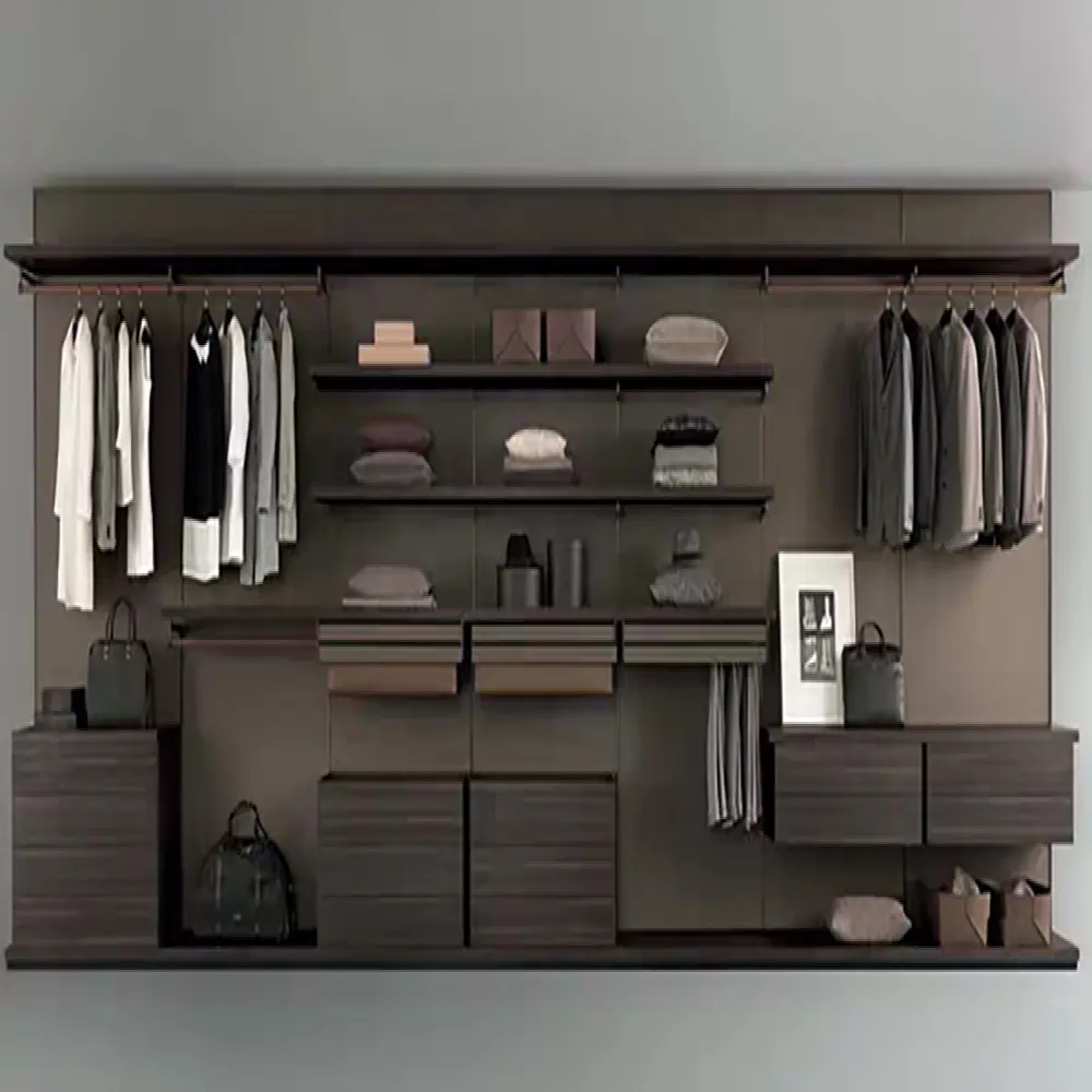 Wall Closet Design Clothes Closet Organizer Glass Shelf Wood Panel Aluminum Bedroom Furniture Wardrobe Home Furniture Modern