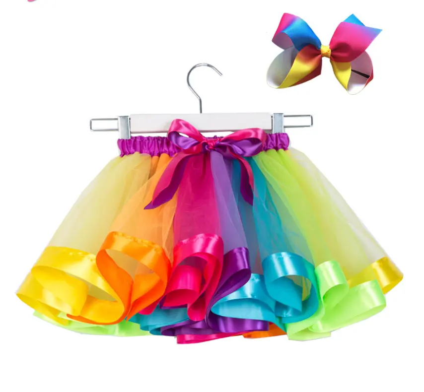Лидер продаж, многослойная юбка-пачка радужной расцветки для девочек с бантом для волос