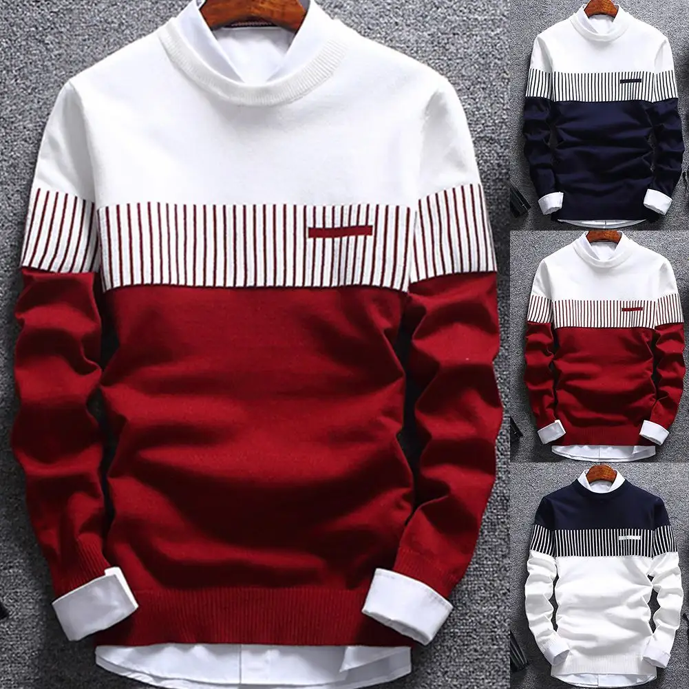 Factory Wholesale Men's Loose Round Neck Knit Comfortable Bottoming Shirt Long Sleeve Striped Thin Sweater