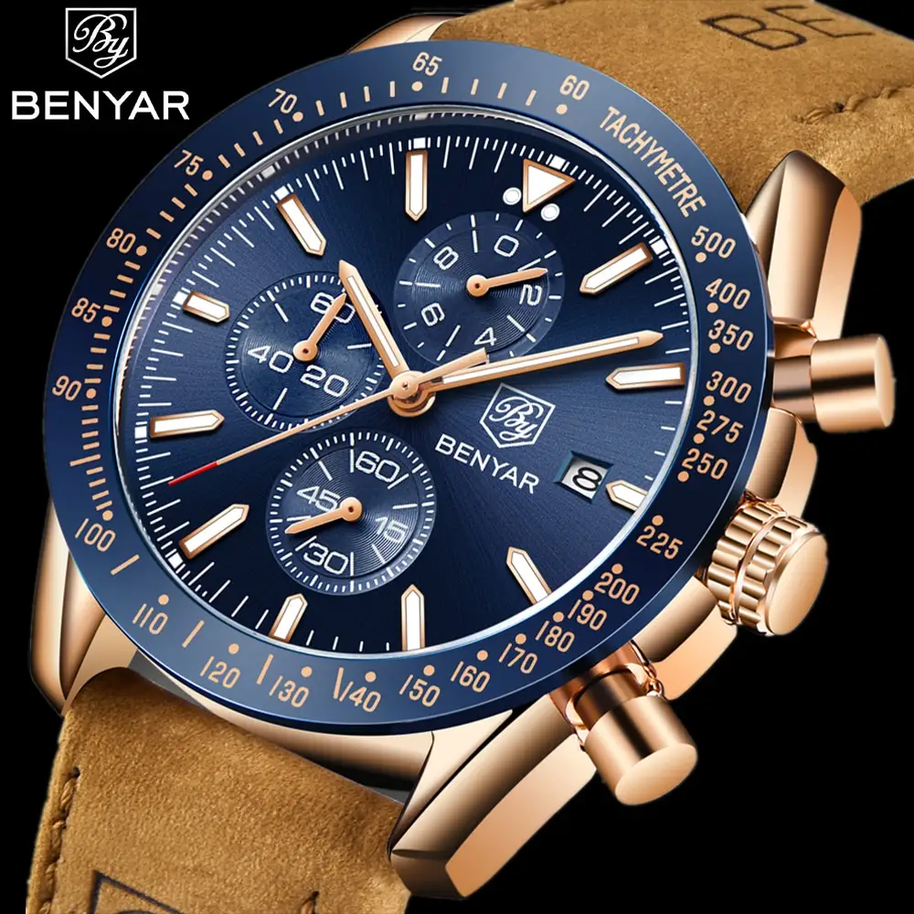 Топ Мода Benyar 5140, спортивный стиль, с хронографом, спортивные часы для мужчин новый бизнес Кварцевые часы 3 бар водонепроницаемый наручные часы-хронограф подарки