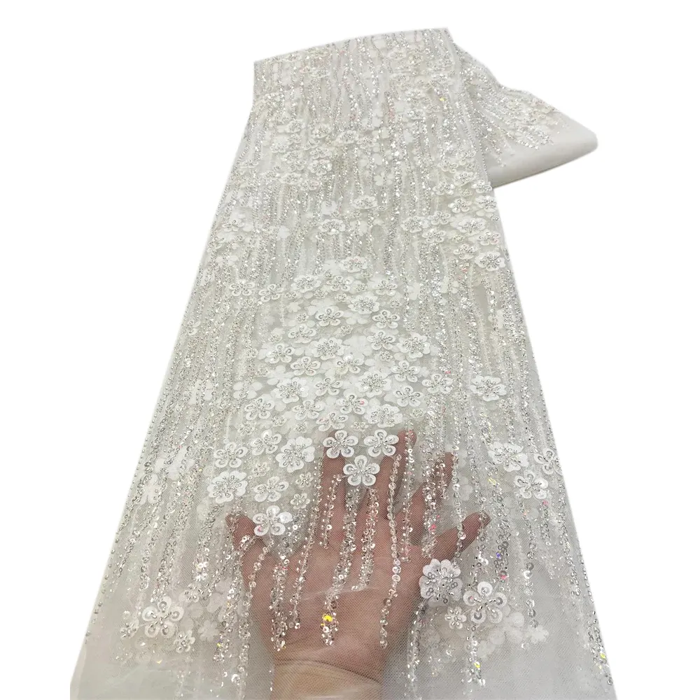 NI.AI Роскошная французская вышитая бисером кружева 3D цветок вышивка кружевная ткань с бусинами для вечернего платья