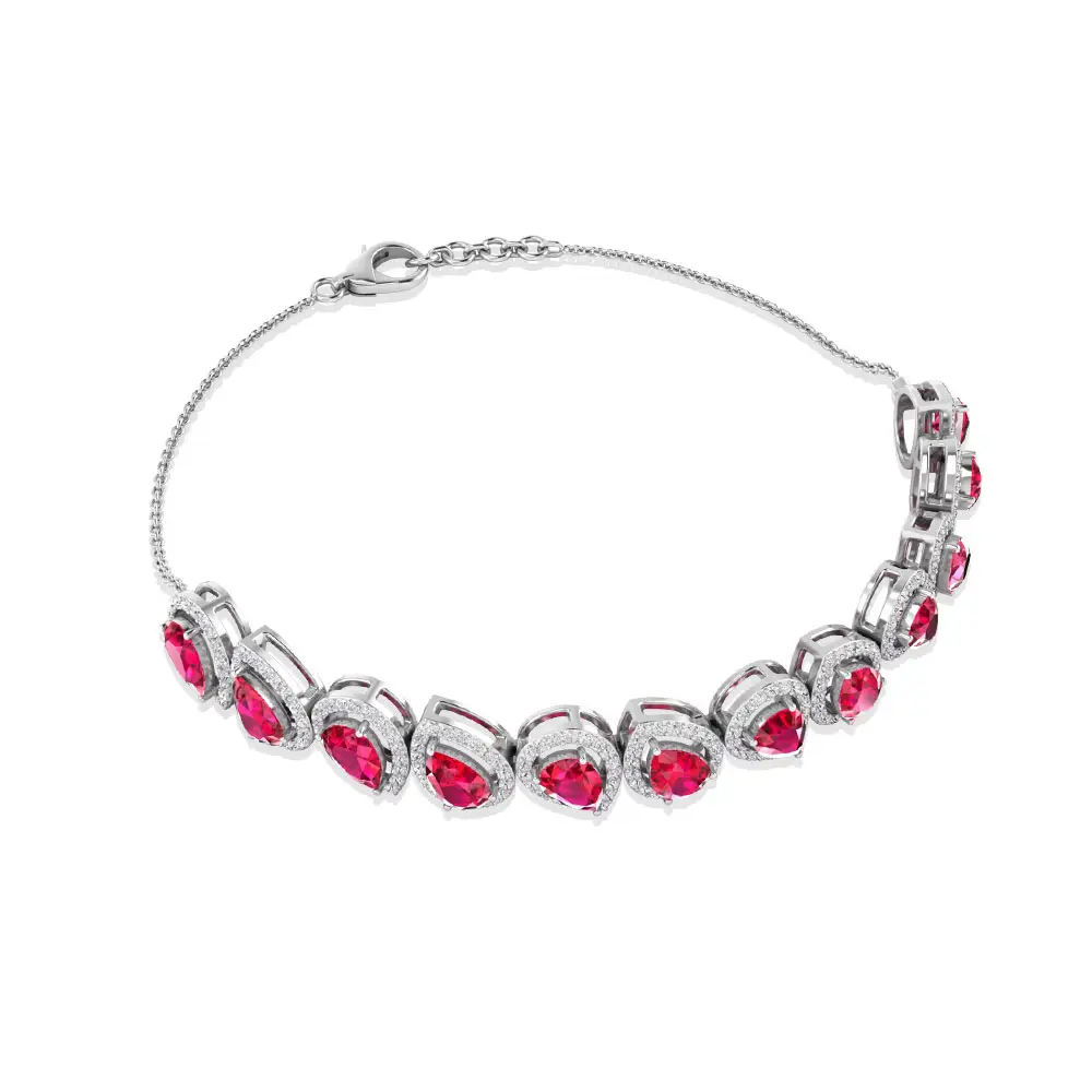 Pear Shape Ruby Glass Filled Moissanite Halo Bracelet, Gemstone Bridal Tennis Bracelet