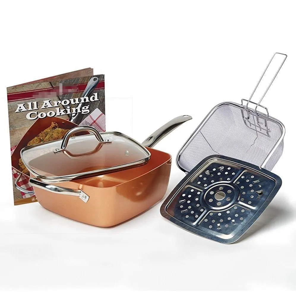 Aluminum Induction Copper Non-Stick Cookware Chef Square Deep Frying Pan Set with Lid / Fry Basket 9.5 inches