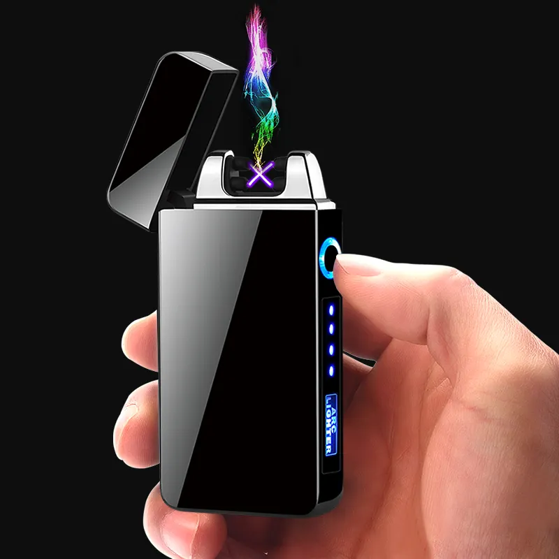 Новая модная перезаряжаемая USB Электронная зажигалка, плазменная зажигалка с двойной дугой и индикатором батареи