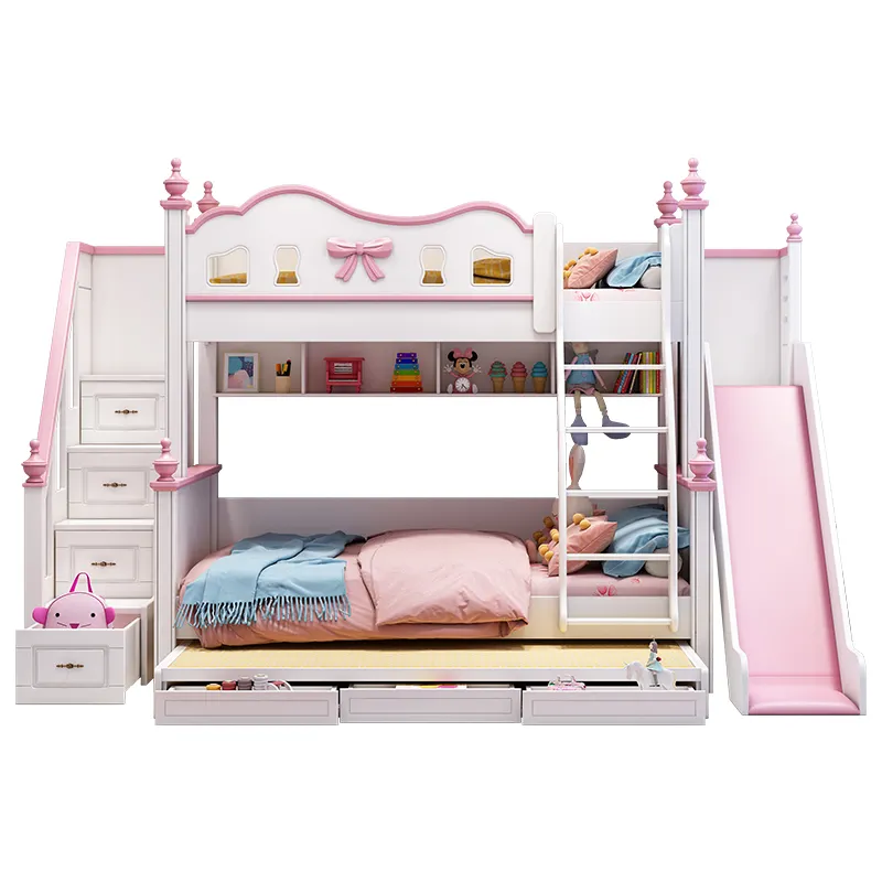 2021 Solid wood bunk bed princess girl dream castle bed slide villa bed