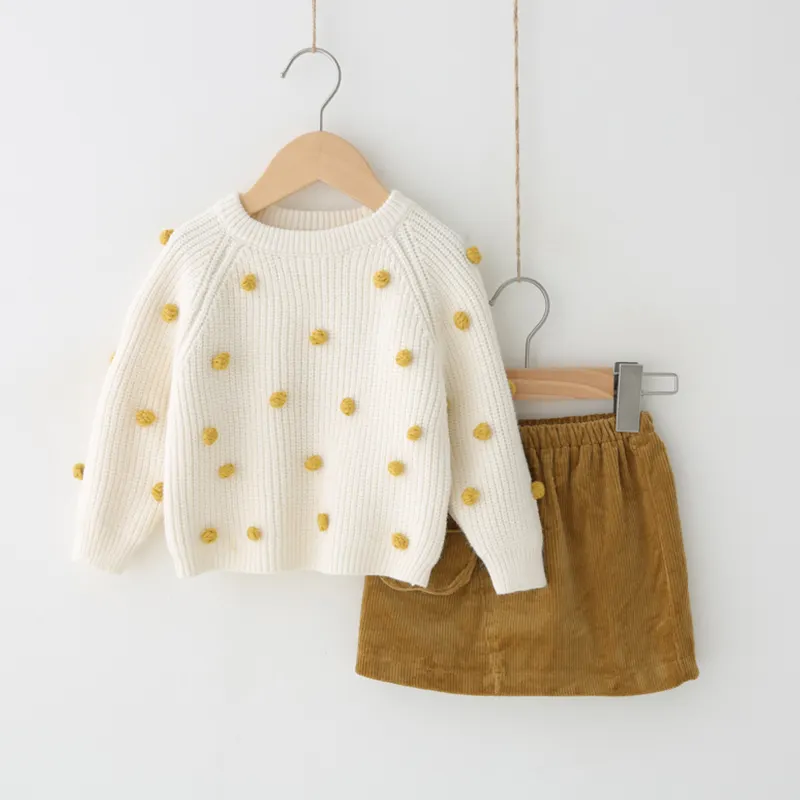 Korean style boutique casual litte girls stylish knitted pullover sweater with pmpom