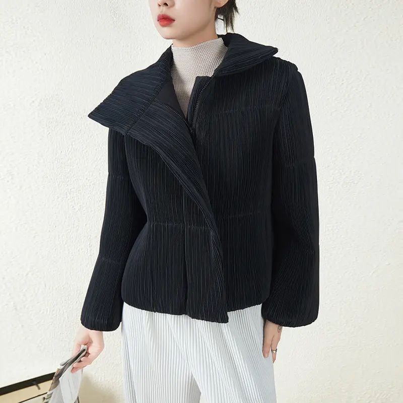 Зимняя плиссированная короткая куртка миаке в Корейском стиле в иностранном стиле, свободное дизайнерское пальто на молнии с воротником-стойкой