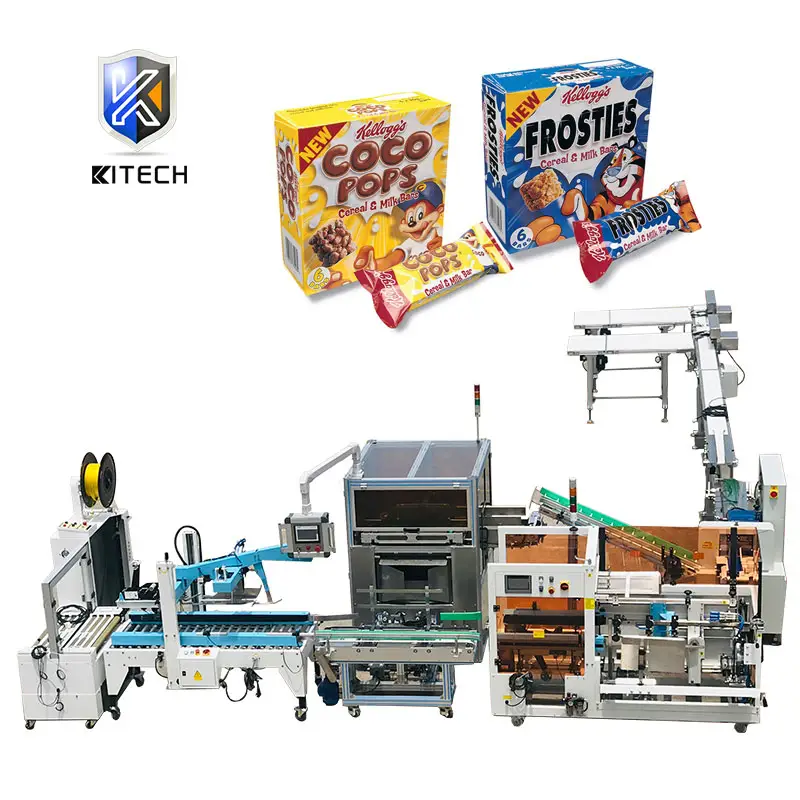 Kitech new automatic rotary feeder flow box cartoning packaging line for rice bars egg roll