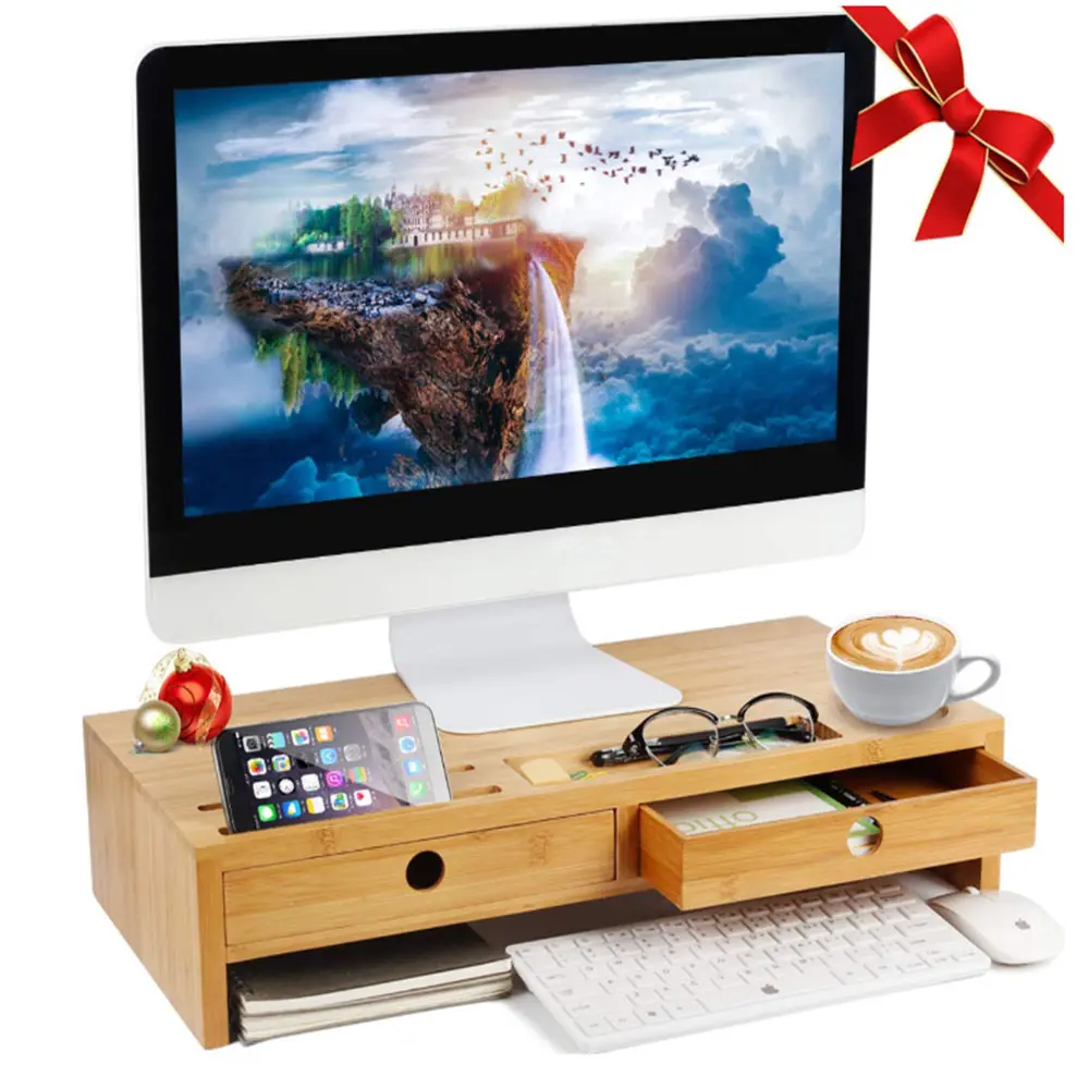 Bamboo Wood Adjustable Monitor Stand Riser With Drawers Desktop Computer Laptop Stand Wood Desktop Organizer