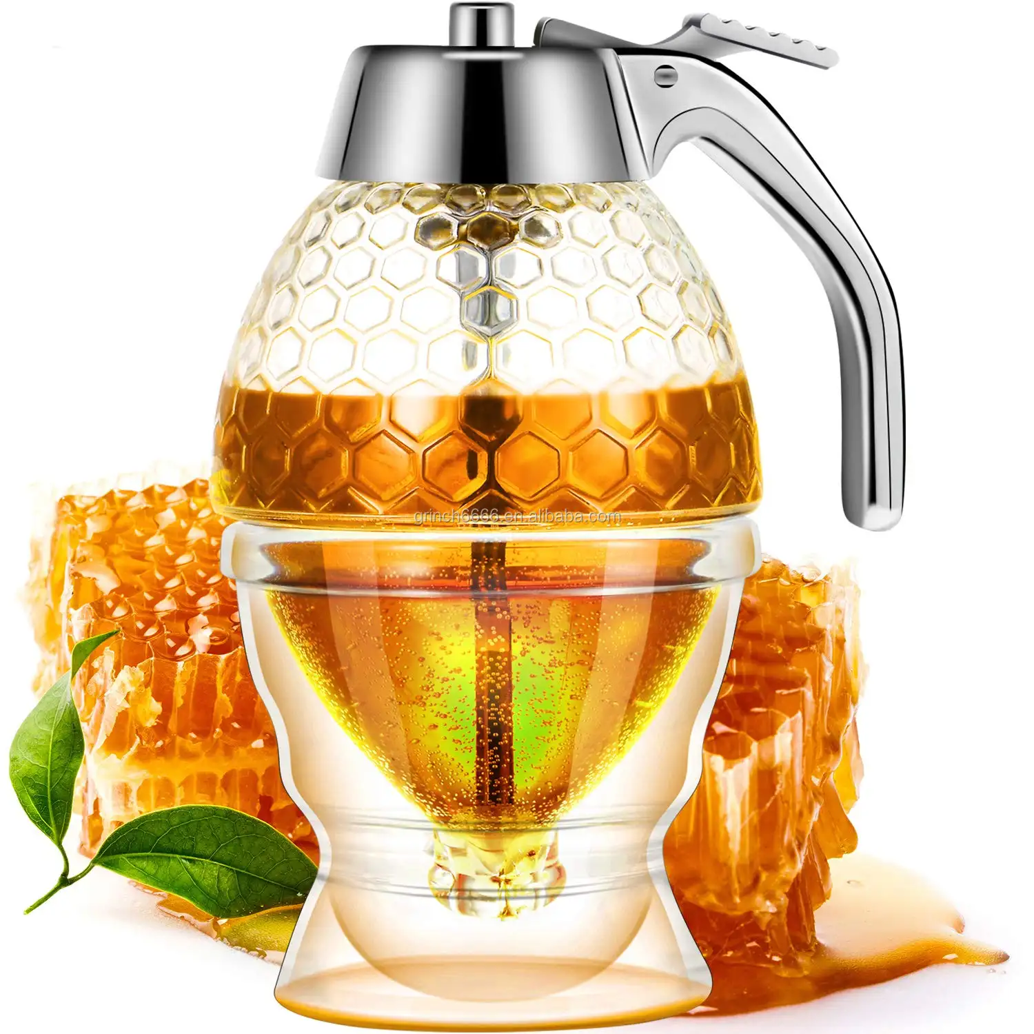 Honey Dispenser No Drip Glass Maple Syrup Dispenser Beautiful Honey Comb Shaped Honey Pot Jar with Stand