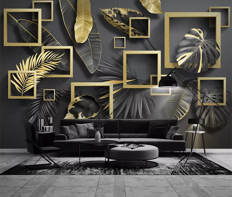 Nordic modern golden leaves sticker wallpaper tropical plants 3d geometric luxury self-adhesive wallpaper