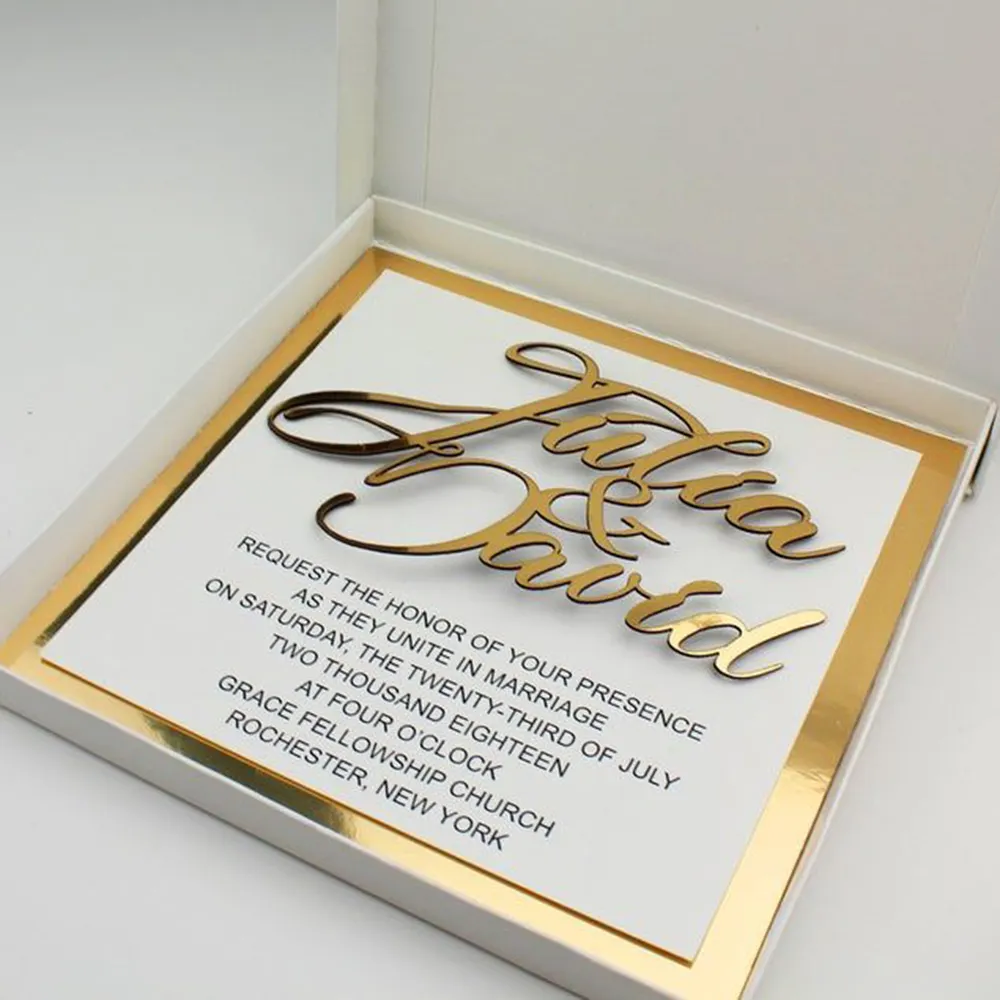 Пользовательская белая печать Золотая Лазерная резка зеркальные акриловые свадебные пригласительные открытки и меню открытки