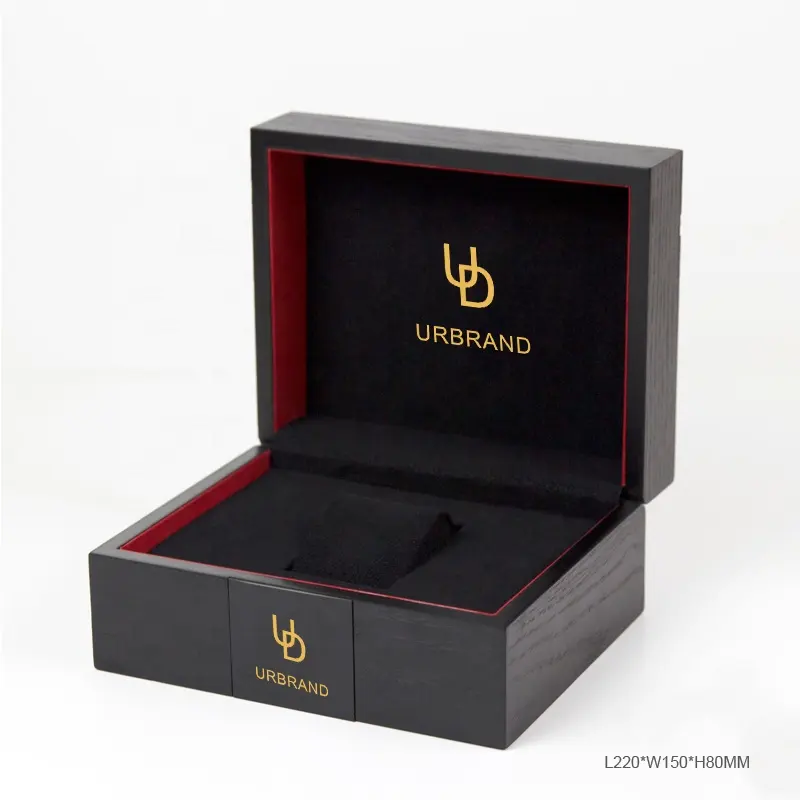 Customized personalized luxury wooden watch box single matte black solid wooden display case with metal logo plate