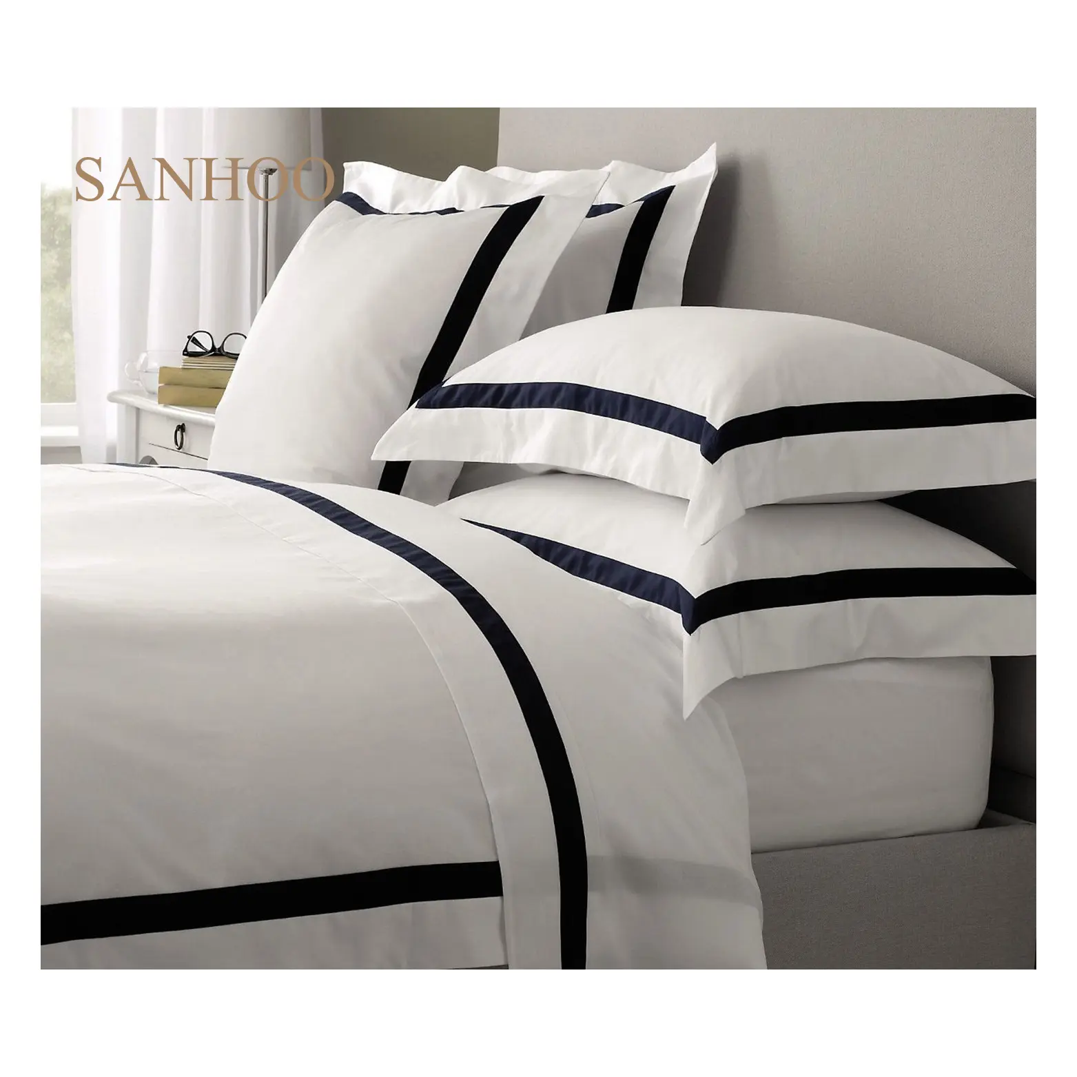 SANHOO Luxury Hotel Textile 300 Thread Count Sateen White Bed Sheet 100% Cotton Bedding Set