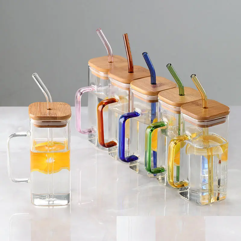 Горячая распродажа, квадратная стеклянная чашка для питья пивного сока с цветной ручкой, Бамбуковая крышка и стеклянная солома