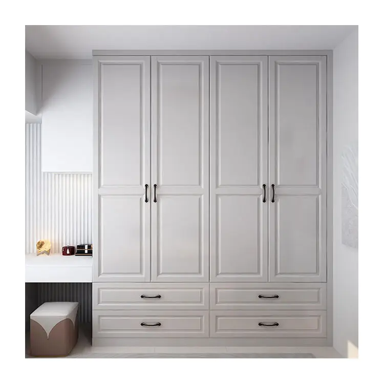 Современный роскошный шкаф из деревянной ткани с 4 дверями, мебель для спальни из МДФ и ящики белого цвета