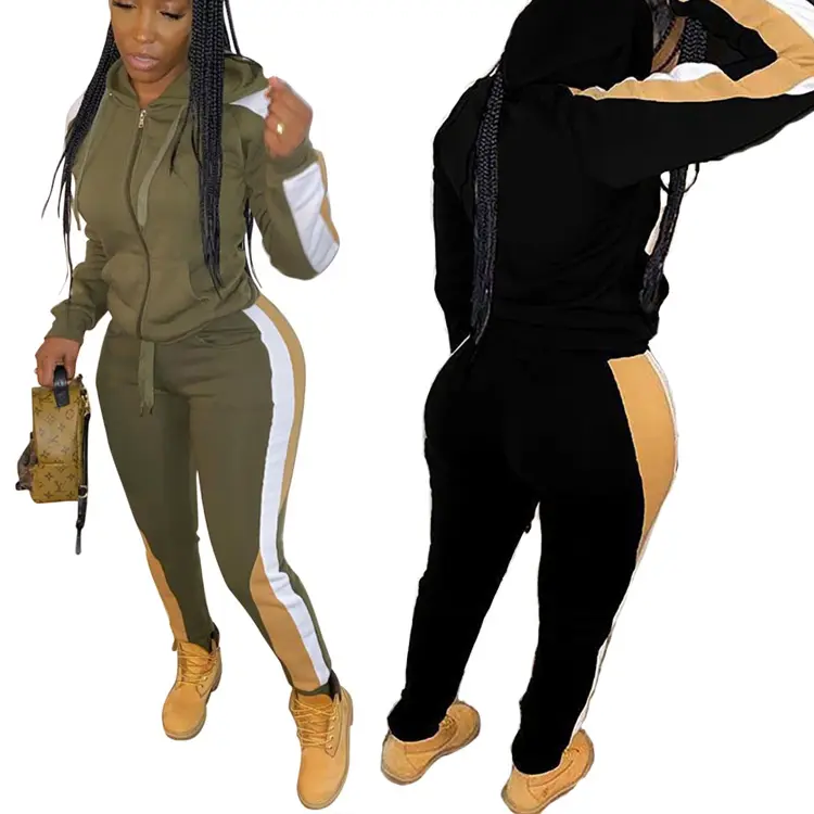 Autumn And Winter New Stitching Contrast Plus Size Zipper Hooded Sweatshirt Two-piece Womens Jogger And Sweatshirt Set Black