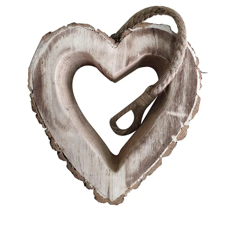 Wooden heart-shaped hemp rope wall pendant with bark for personalized decoration/Wooden heart-shaped hemp rope wall decor