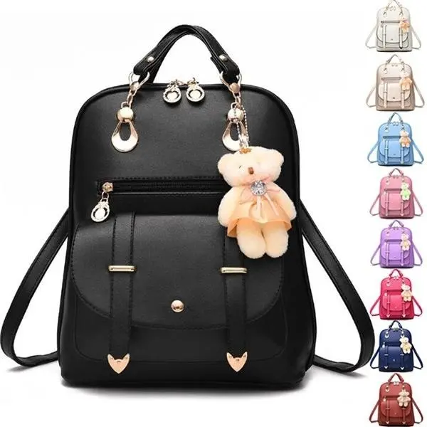 Fashion Backpack PU Leather Women Girls Bear Pendant Backpack Purse Shoulder Hobo Bag Satchel Top-Handle Bags