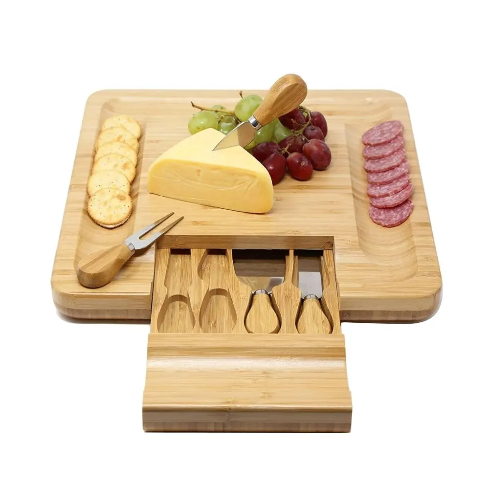 Wholesale Bamboo Wood Cheese Boards, Cheese Board and Knife Set Bamboo Serving Platter, Cheese Cutting Board Set