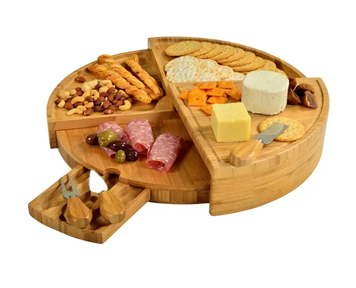 Portable Round Multifunction Outdoor Folding Swivel Drawer Cheese cutting Board And Knife Set,Rotating Cheese Board