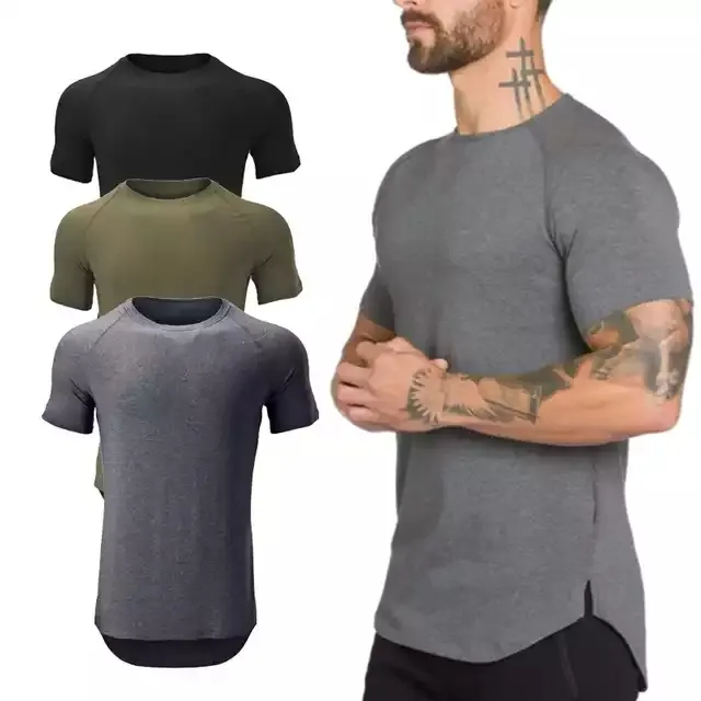 Wholesale Men compression longline muscle tee gym t shirt workout deep cut muscle muscle tee