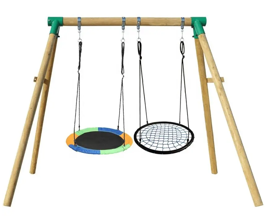 Backyard residential wooden playground rectangular frame two person swing set