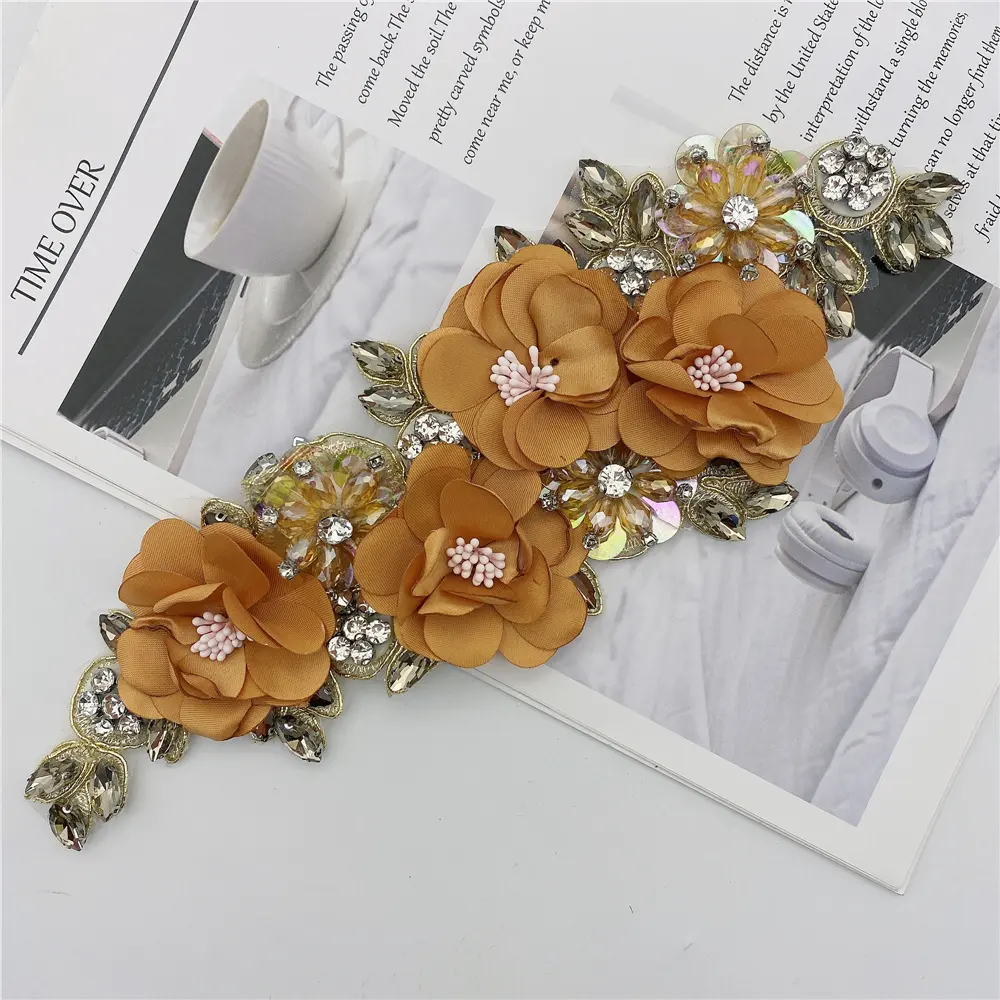 New Design Handmade 3d Flower Sew On Applique Embroidery Rhinestone Flower Patch For Wedding Dress