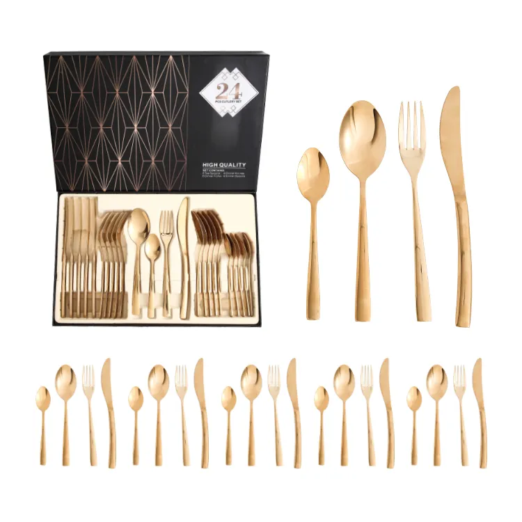 Luxury royal 24 pcs flatware mirror polished western dinner knife fork spoon set gold stainless steel cutlery set with gift box