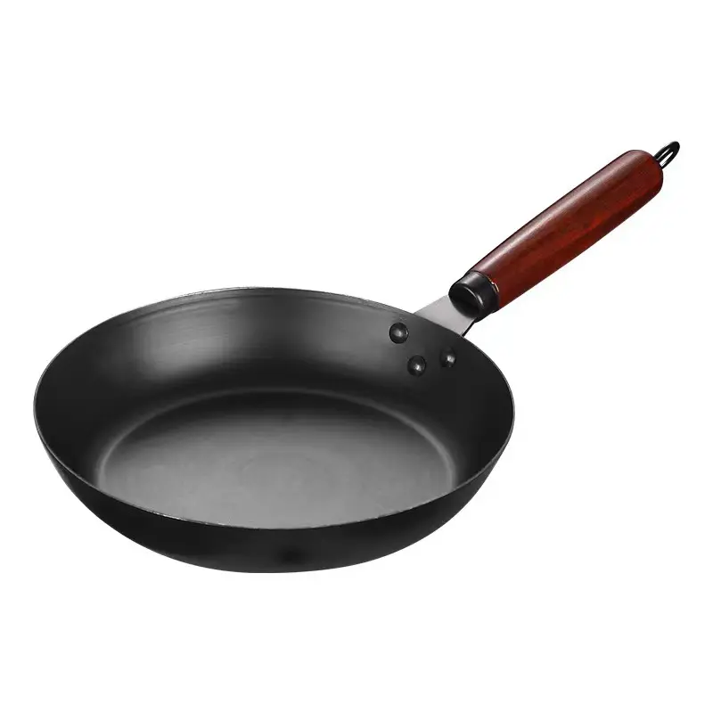Оптовая продажа, чугунная Сковорода Из Черной углеродистой стали, Индукционная сковорода с деревянной ручкой