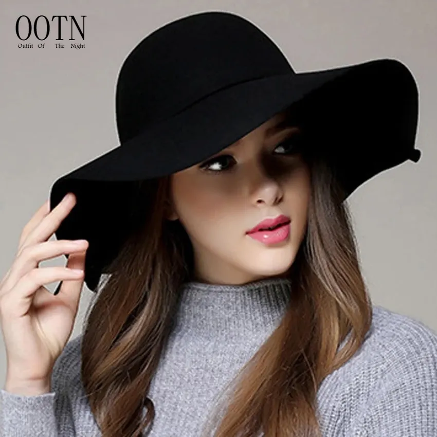 OOTN High Quality Wool Floppy Womens Black Cloche Hat Chapeau Hot Sale Casual Fedora Hat Wide Brimmed Dome Hats