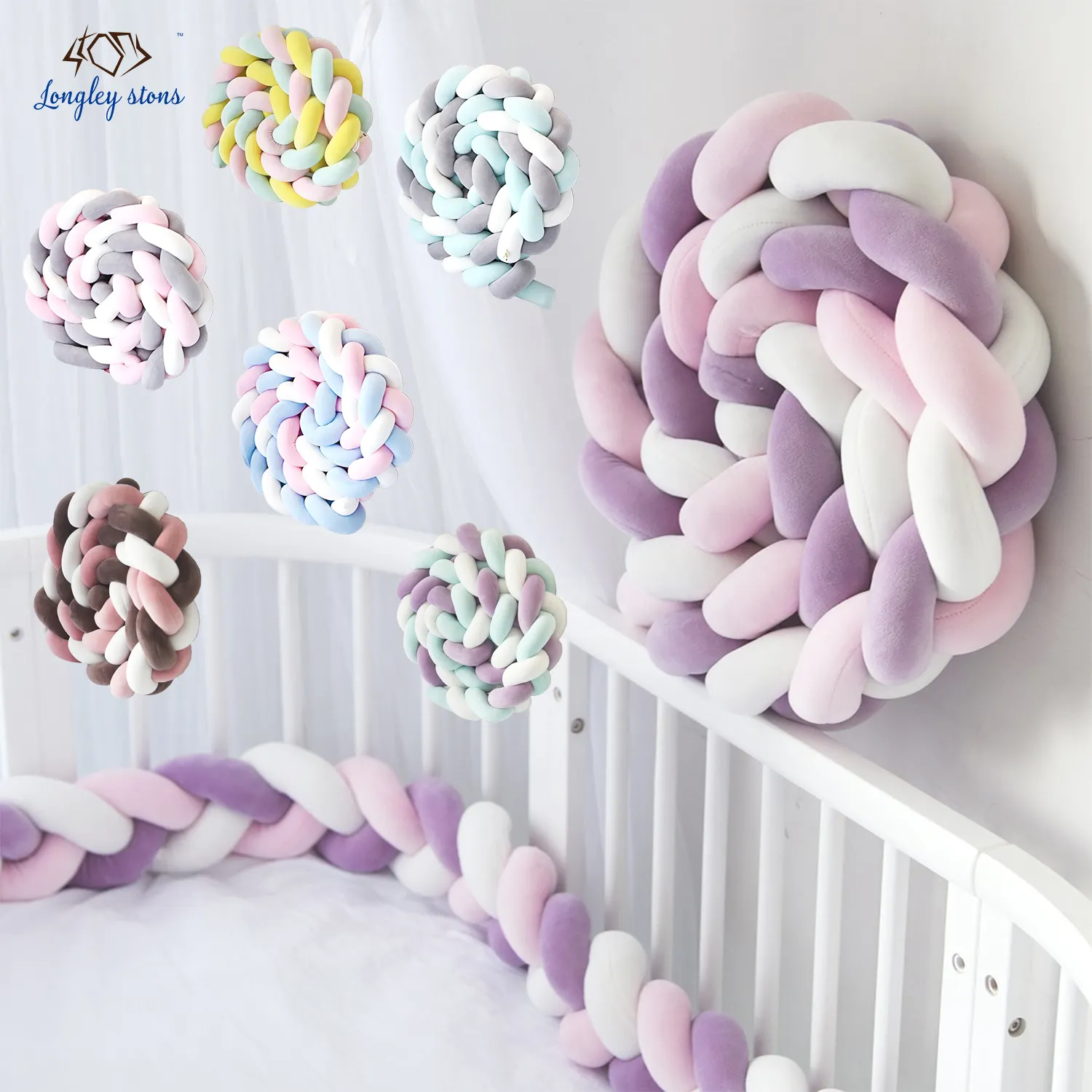 Low price soft Plush Nursery 3 Braids Knotted Braided Colorful safety Decorate Baby Bed Crib Bumper