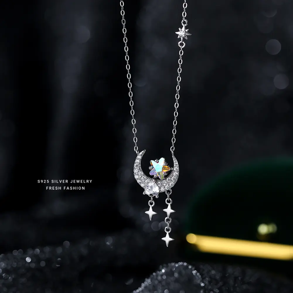 Модные серебряные украшения, блестящие циркониевые звезды, ожерелье из серебра 925 пробы с подвеской в виде Луны, ожерелье для женщин, 2024, оптовая продажа