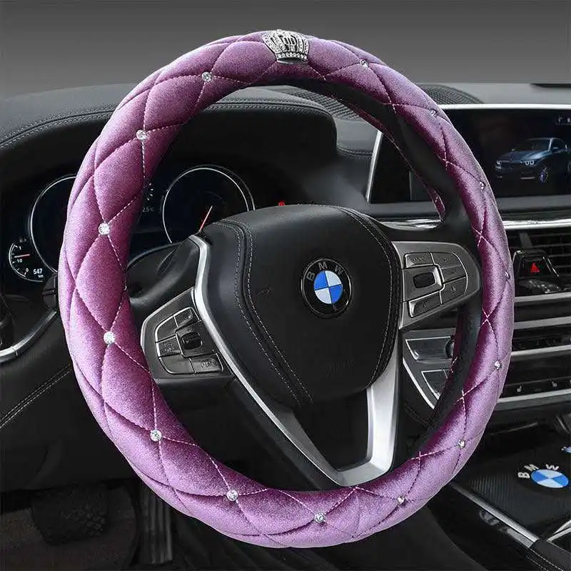 High quality car accessories wholesale custom lady rhinestone gem stone plush steering wheel cover car steering wheel cover