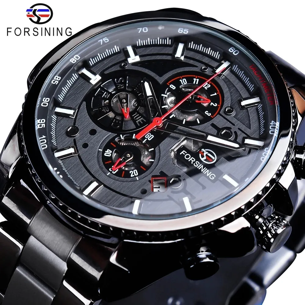 Forsining Three Dial Calendar Display Black Stainless Steel Men Automatic Wrist Watch Top Brand Luxury Military Sport Male Clock