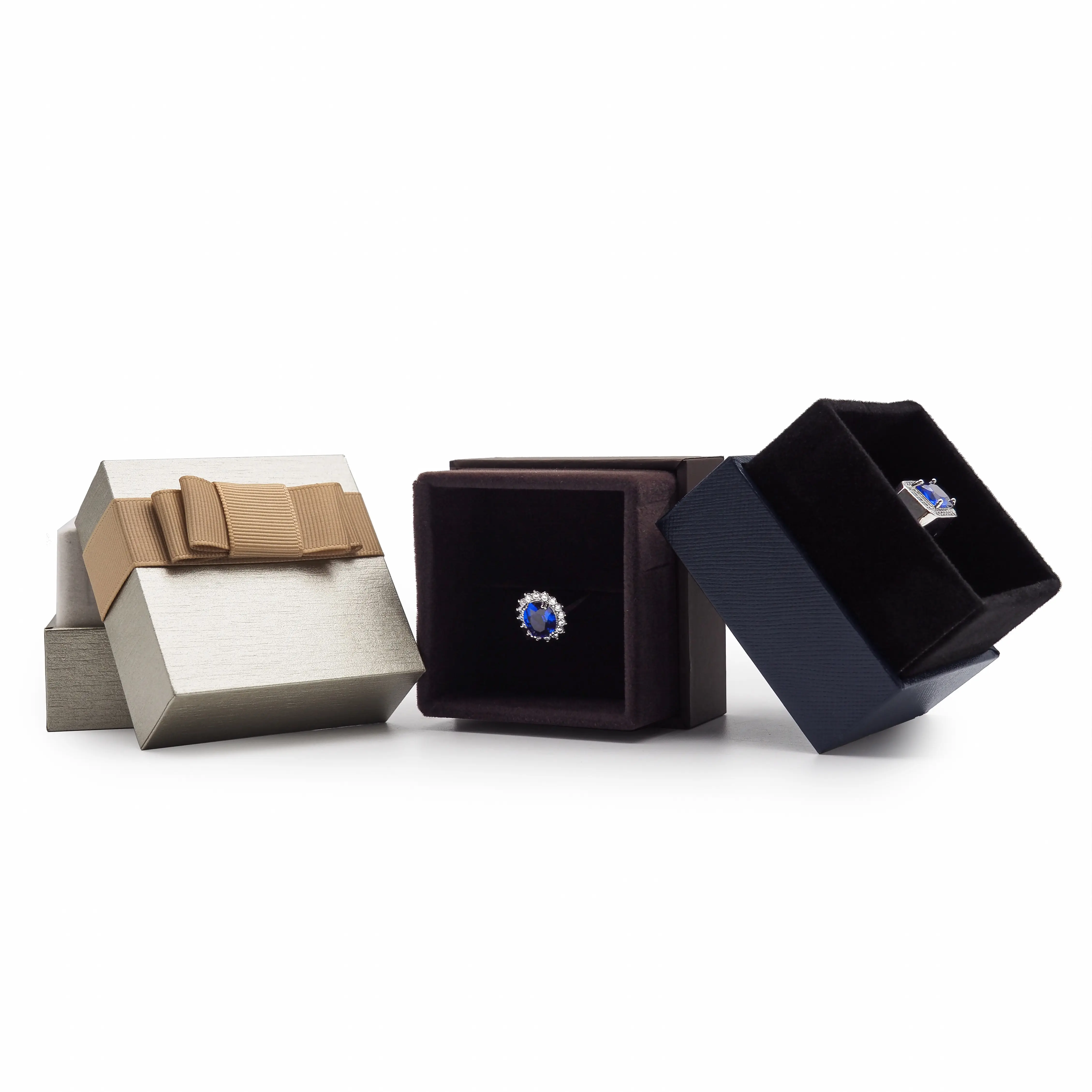 High Quality Leatherette Paper Small Jewelry Packaging Box Ring Box With Bow Ribbon