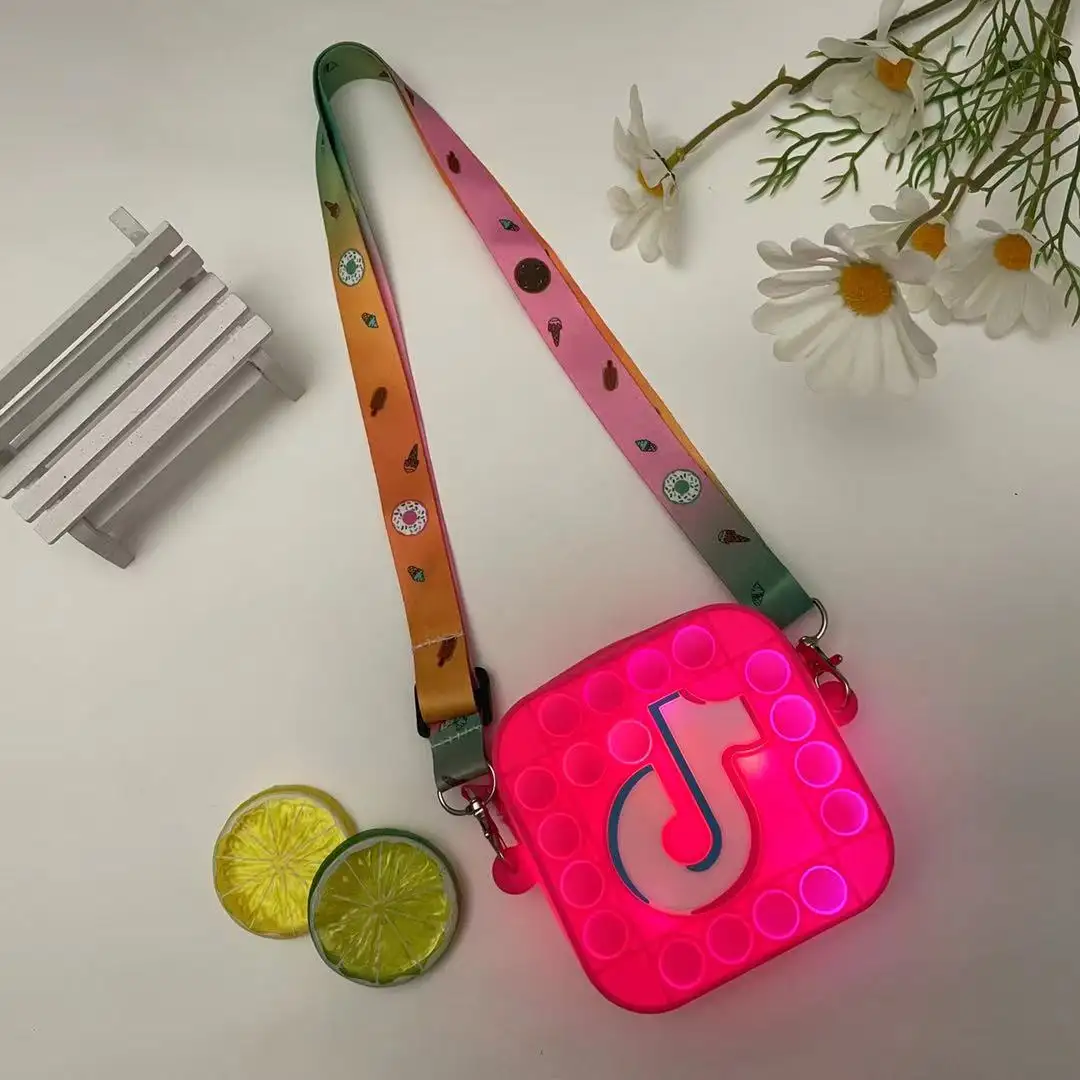 Kids children tik tok pop it purse charms glow in dark silicon led light tiktok pop it purse for kids