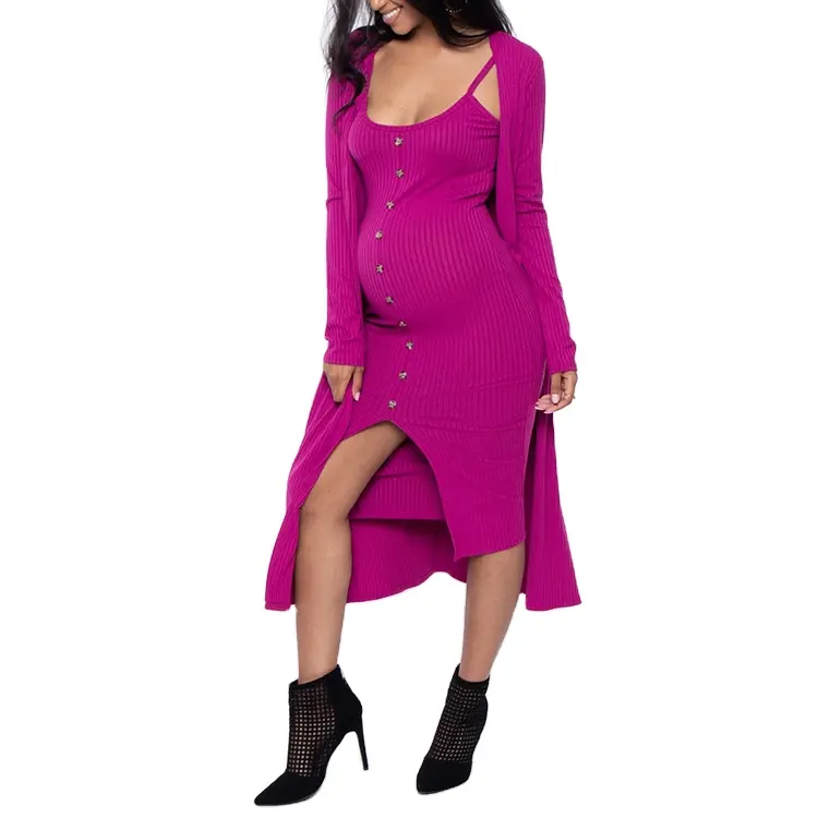 Custom casual maternity dresses women pregnant tank dress and cardigan two pieces sets